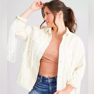 Saints & Hearts Beige Fringe Denim Jacket. Size Large.
